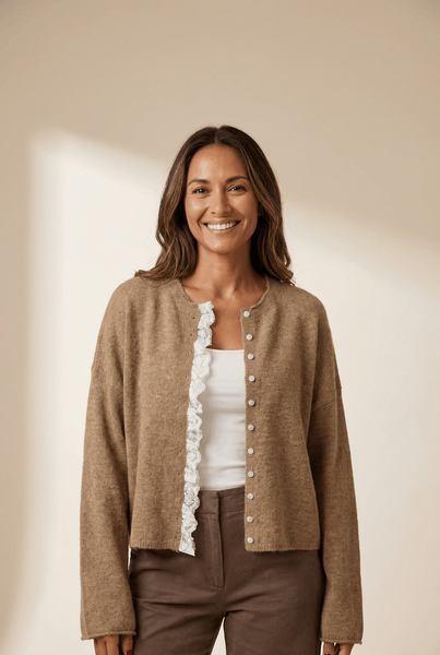 Women's Taupe Lace-Trimmed Button-Front Cardigan Sweater