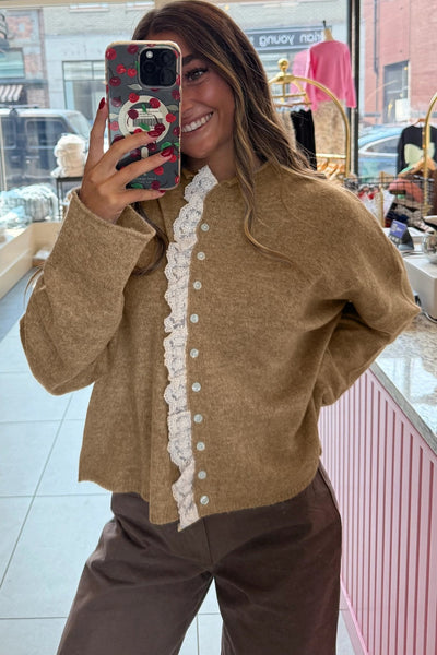 Women's Taupe Lace-Trimmed Button-Front Cardigan Sweater