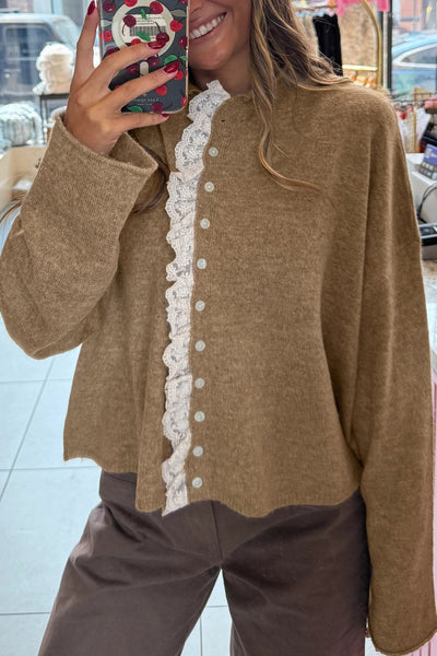 Women's Taupe Lace-Trimmed Button-Front Cardigan Sweater