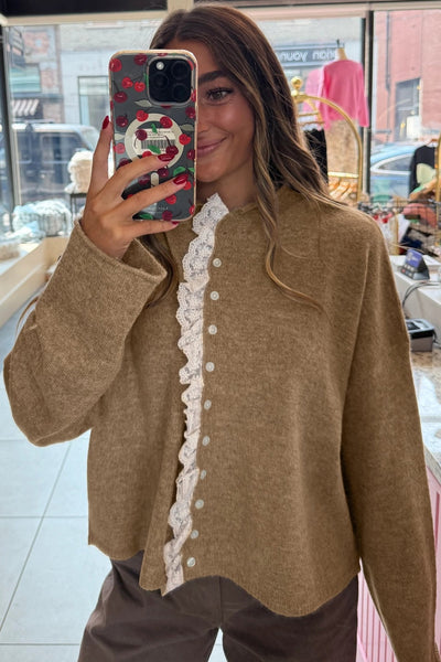 Women's Taupe Lace-Trimmed Button-Front Cardigan Sweater
