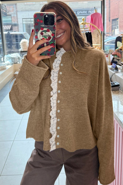 Women's Taupe Lace-Trimmed Button-Front Cardigan Sweater