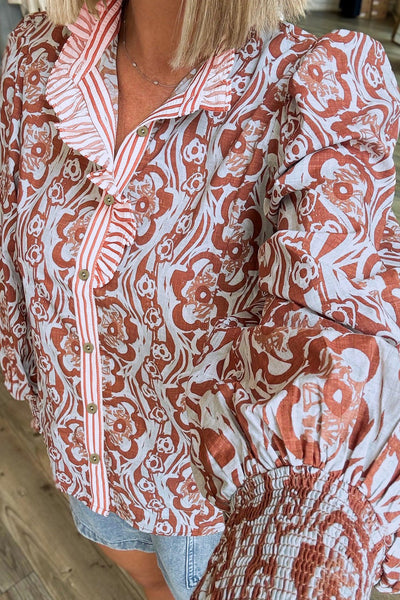 Women's Terracotta Floral Ruffle Neck Blouse with Smocked Cuffs
