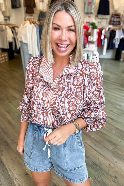 Women's Terracotta Floral Ruffle Neck Blouse with Smocked Cuffs