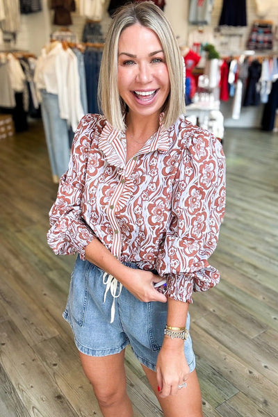 Women's Terracotta Floral Ruffle Neck Blouse with Smocked Cuffs