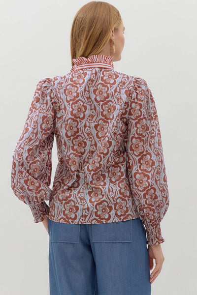 Women's Terracotta Floral Ruffle Neck Blouse with Smocked Cuffs