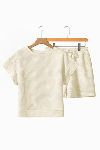 Women's Textured Apricot Short Sleeve Top and Drawstring Shorts Set