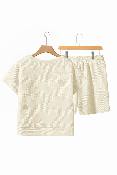 Women's Textured Apricot Short Sleeve Top and Drawstring Shorts Set