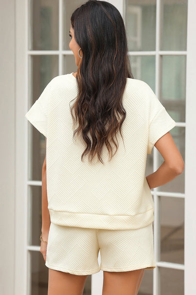 Women's Textured Apricot Short Sleeve Top and Drawstring Shorts Set