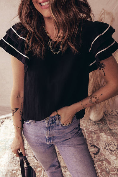 Women's Textured Black Ruffle Sleeve Blouse with Contrast Piping