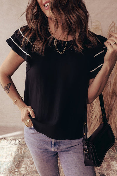 Women's Textured Black Ruffle Sleeve Blouse with Contrast Piping