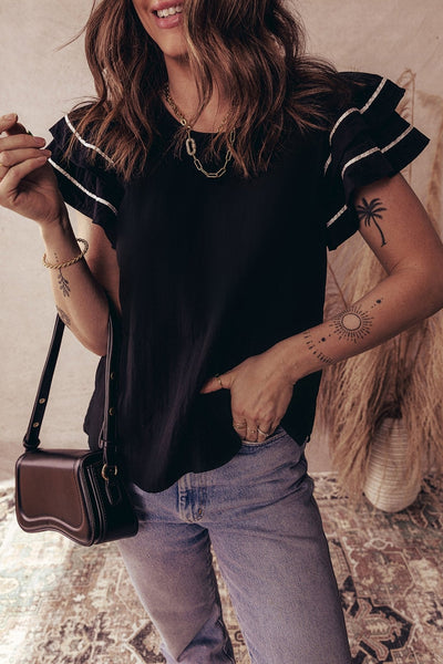 Women's Textured Black Ruffle Sleeve Blouse with Contrast Piping