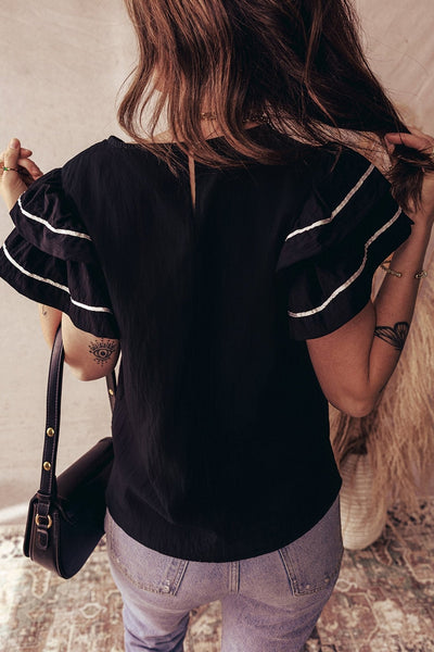 Women's Textured Black Ruffle Sleeve Blouse with Contrast Piping