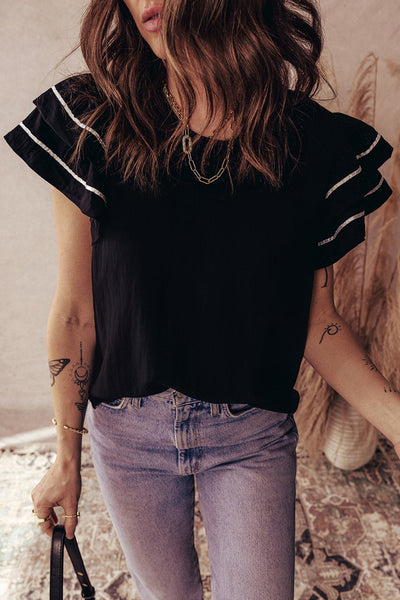 Women's Textured Black Ruffle Sleeve Blouse with Contrast Piping