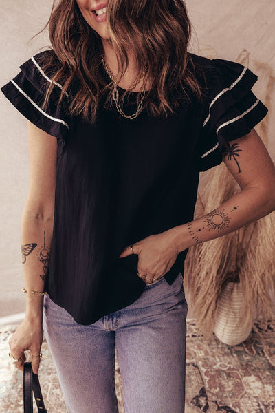 Women's Textured Black Ruffle Sleeve Blouse with Contrast Piping