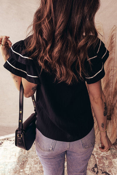 Women's Textured Black Ruffle Sleeve Blouse with Contrast Piping