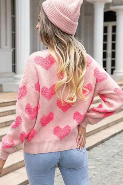 Women's Textured Heart Jacquard Knit Sweater in Light Pink