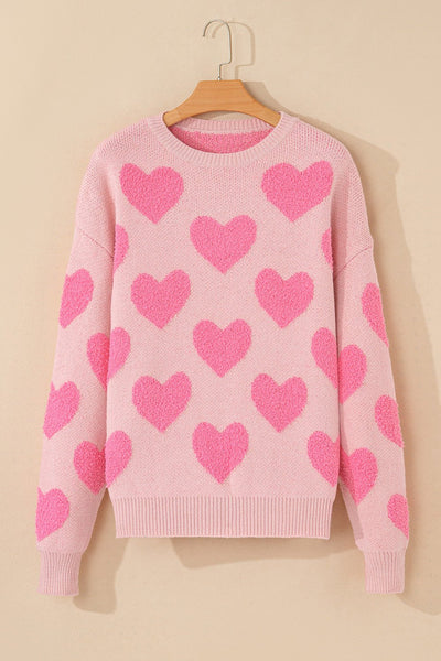 Women's Textured Heart Jacquard Knit Sweater in Light Pink