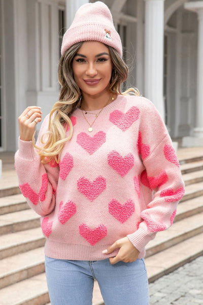 Women's Textured Heart Jacquard Knit Sweater in Light Pink