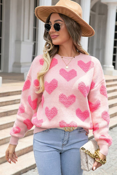 Women's Textured Heart Jacquard Knit Sweater in Light Pink