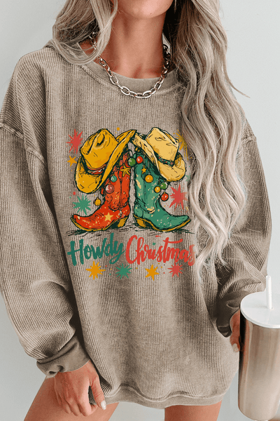 Women's Textured Khaki Howdy Christmas Western Graphic Sweatshirt