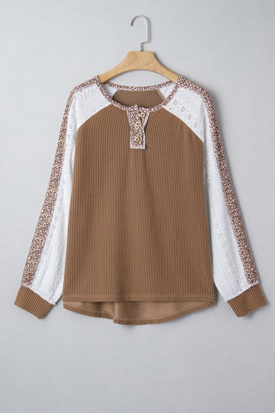 Women's Textured Khaki Knit Top with Leopard Lace Sleeves