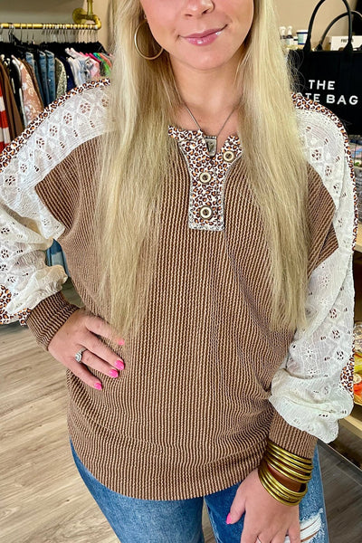 Women's Textured Khaki Knit Top with Leopard Lace Sleeves