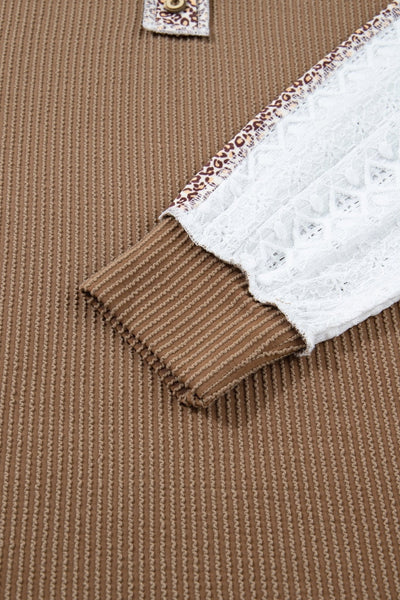 Women's Textured Khaki Knit Top with Leopard Lace Sleeves