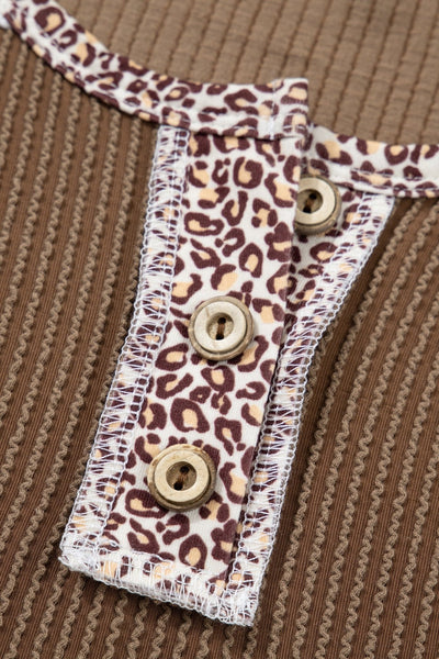Women's Textured Khaki Knit Top with Leopard Lace Sleeves