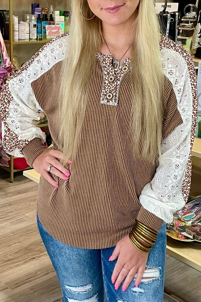 Women's Textured Khaki Knit Top with Leopard Lace Sleeves