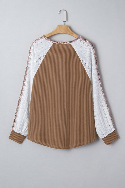 Women's Textured Khaki Knit Top with Leopard Lace Sleeves