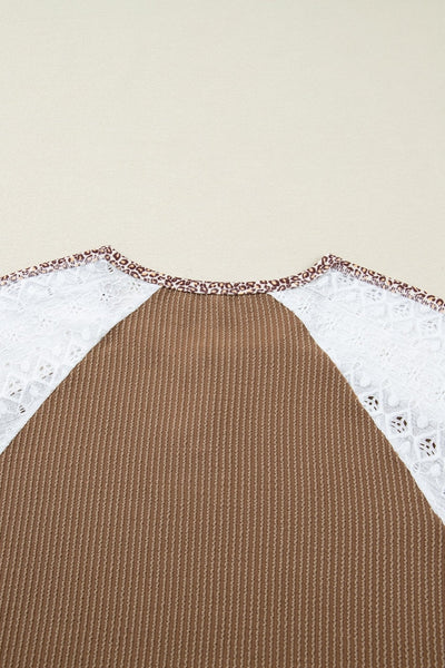Women's Textured Khaki Knit Top with Leopard Lace Sleeves