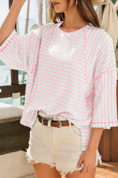 Women's Textured Pink Striped Knit Top with Raglan Sleeves