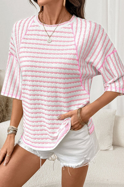 Women's Textured Pink Striped Knit Top with Raglan Sleeves