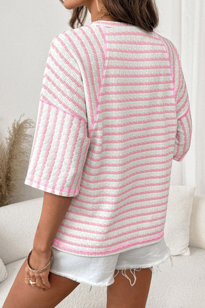 Women's Textured Pink Striped Knit Top with Raglan Sleeves