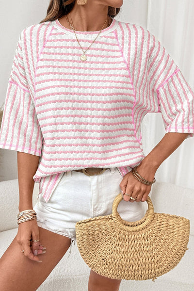 Women's Textured Pink Striped Knit Top with Raglan Sleeves