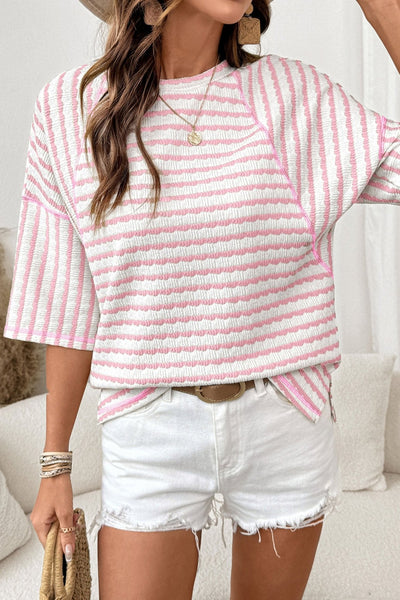 Women's Textured Pink Striped Knit Top with Raglan Sleeves