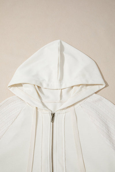 Women's Textured Sleeve Half-Zip Hoodie in Cream Cotton Blend