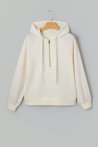 Women's Textured Sleeve Half-Zip Hoodie in Cream Cotton Blend
