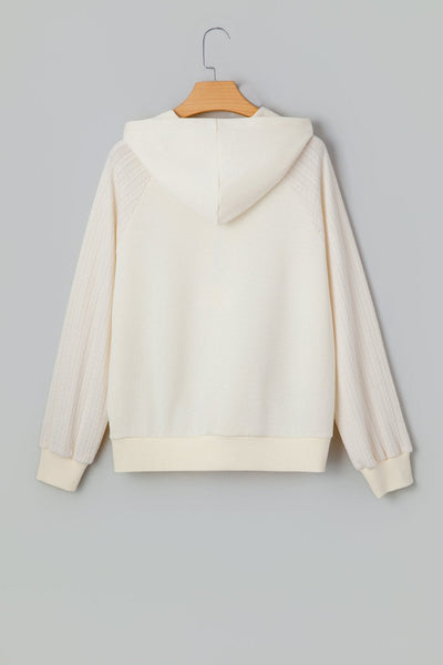Women's Textured Sleeve Half-Zip Hoodie in Cream Cotton Blend