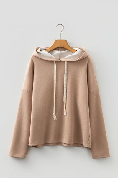 Women's Textured Thermal Lace Drawstring Hoodie in Oatmeal