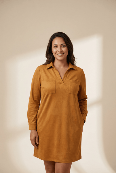 Women's Thai Curry Faux Suede V-Neck Shift Dress with Pockets