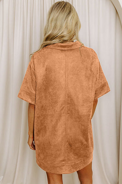 Women's Thai Curry Faux Suede V-Neck Shift Dress with Pockets