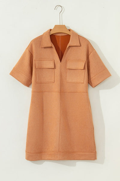 Women's Thai Curry Faux Suede V-Neck Shift Dress with Pockets