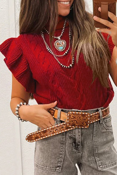 Women's Tomato Red Cable Knit Ruffle Sleeve Turtleneck Sweater