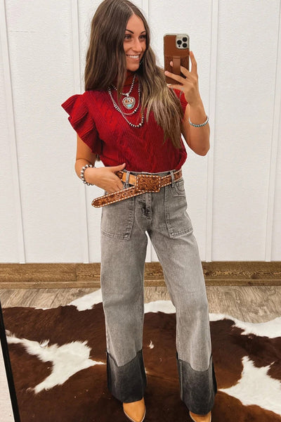 Women's Tomato Red Cable Knit Ruffle Sleeve Turtleneck Sweater