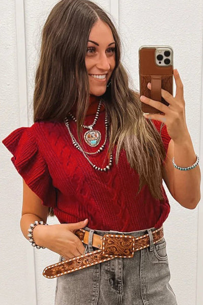 Women's Tomato Red Cable Knit Ruffle Sleeve Turtleneck Sweater