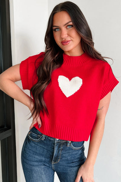Women's Trendy Fiery Red Heart Graphic Cropped Sweater - Casual Short Sleeve Top for Valentine's Day Chic Style