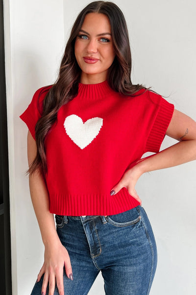 Women's Trendy Fiery Red Heart Graphic Cropped Sweater - Casual Short Sleeve Top for Valentine's Day Chic Style