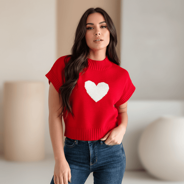 Women's Trendy Fiery Red Heart Graphic Cropped Sweater - Casual Short Sleeve Top for Valentine's Day Chic Style
