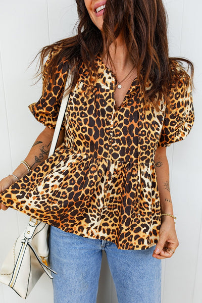 Women's Trendy Women's Leopard Print Babydoll Blouse with Short Puff Sleeves and Slit Neck - Perfect for Summer Casual Outfits